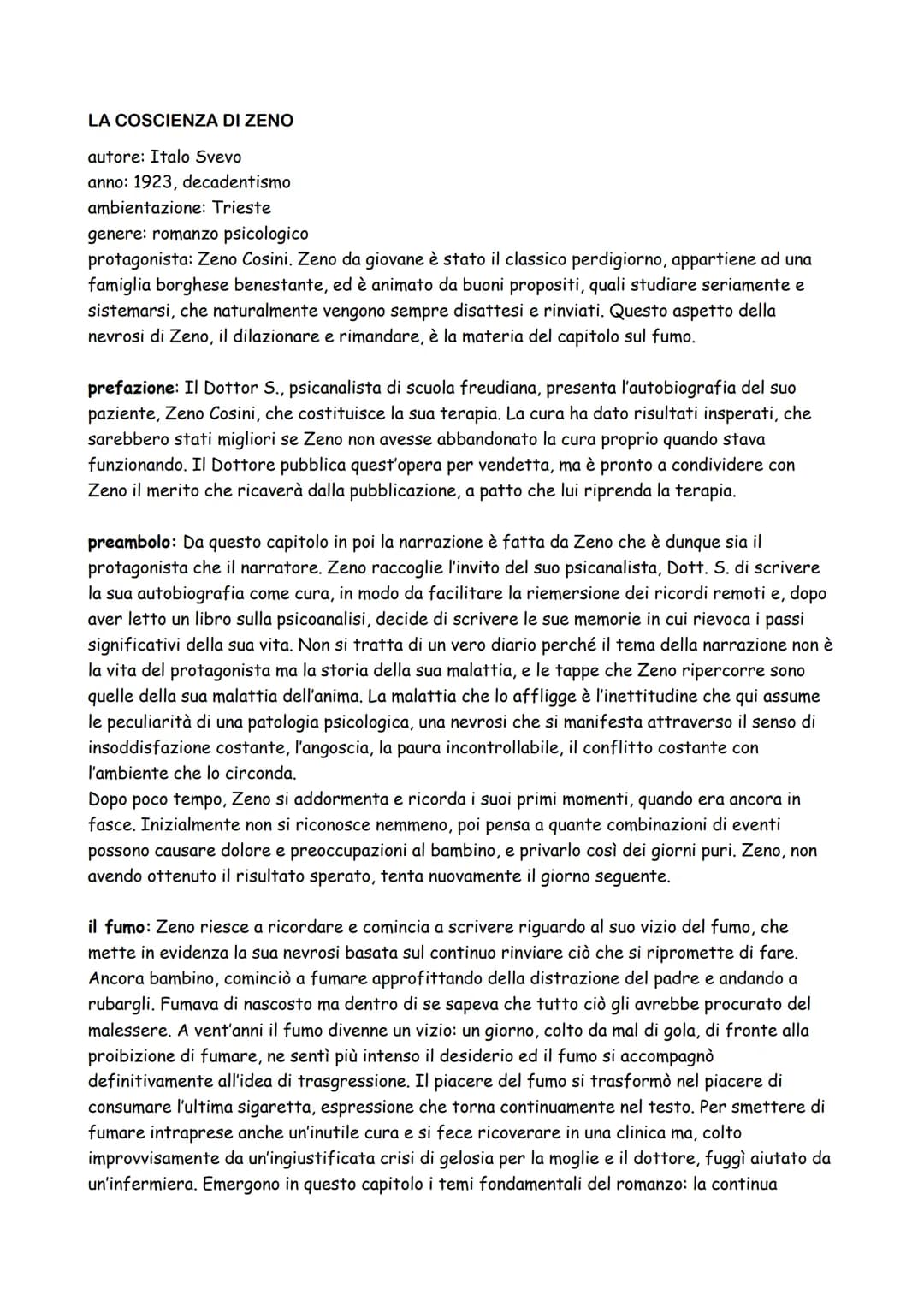 LA COSCIENZA DI ZENO
autore: Italo Svevo
anno: 1923, decadentismo
ambientazione: Trieste
genere: romanzo psicologico
protagonista: Zeno Cosi