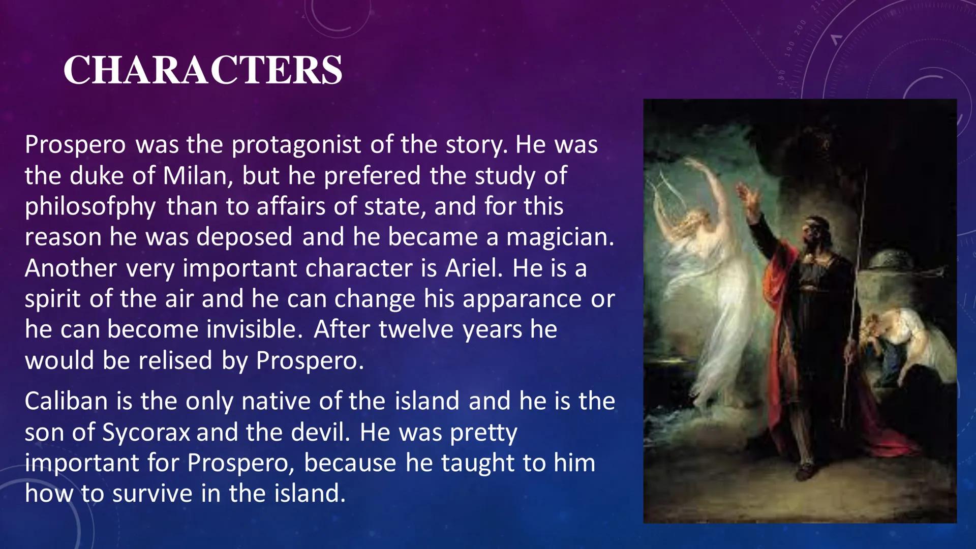 C
40 150
160
THE
TEMPEST
170
200
210
220
230
240
250
260 PLOT
●
• First act. The play begins with a
tempest near an enchanted island.
The ki