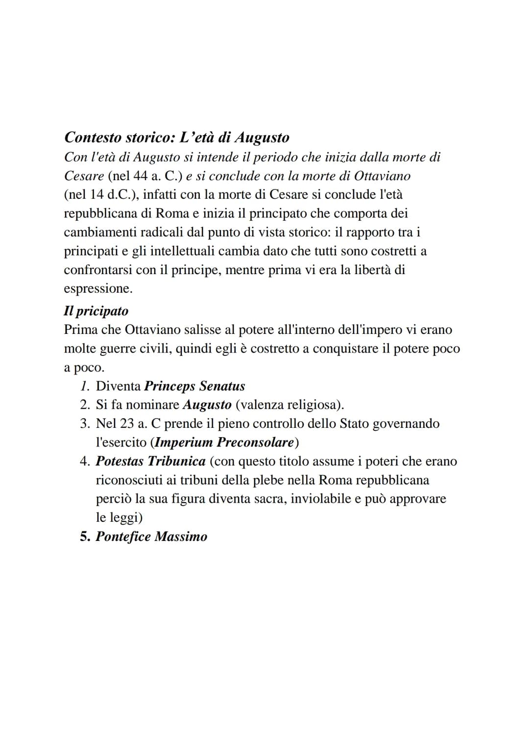 Contesto storico: L'età di Augusto
Con l'età di Augusto si intende il periodo che inizia dalla morte di
Cesare (nel 44 a. C.) e si conclude 