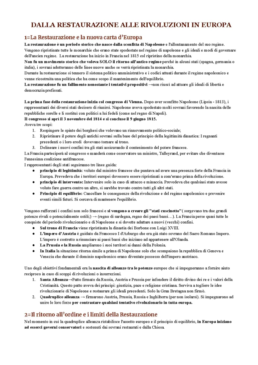 Restaurazione e moti rivoluzionari dell'800