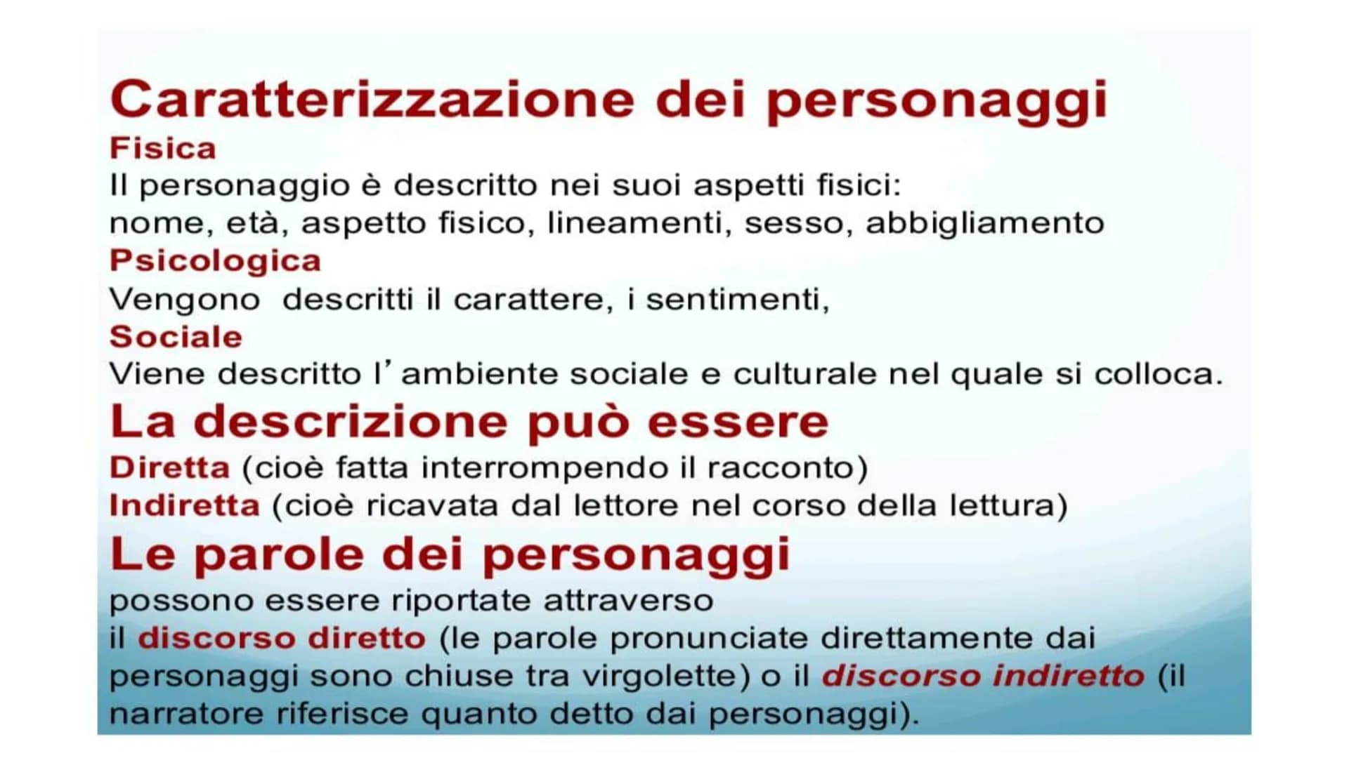 La struttura
del testo narrativo Gli elementi del testo narrativo
IL NARRATORE
Chi racconta i fatti.
I PERSONAGGI
Chi è coinvolto negli even