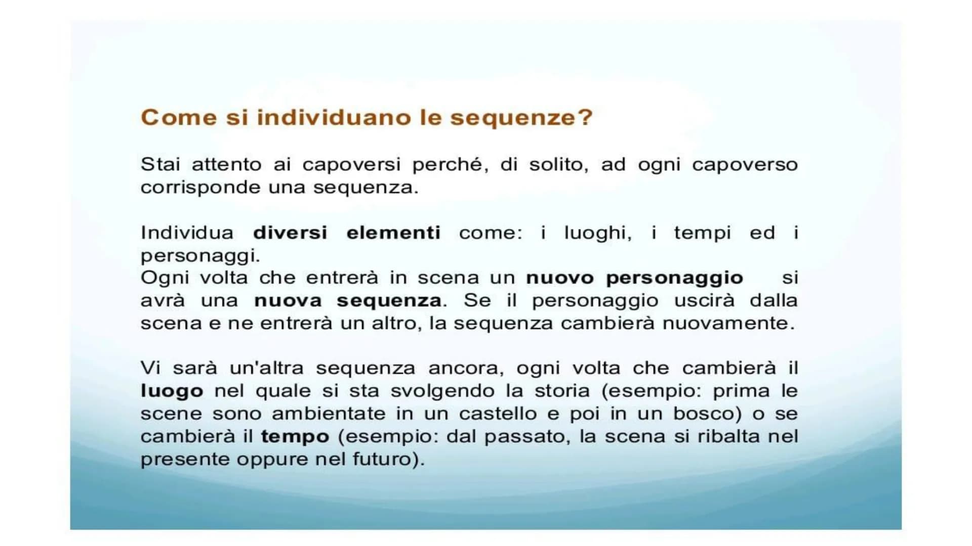 La struttura
del testo narrativo Gli elementi del testo narrativo
IL NARRATORE
Chi racconta i fatti.
I PERSONAGGI
Chi è coinvolto negli even