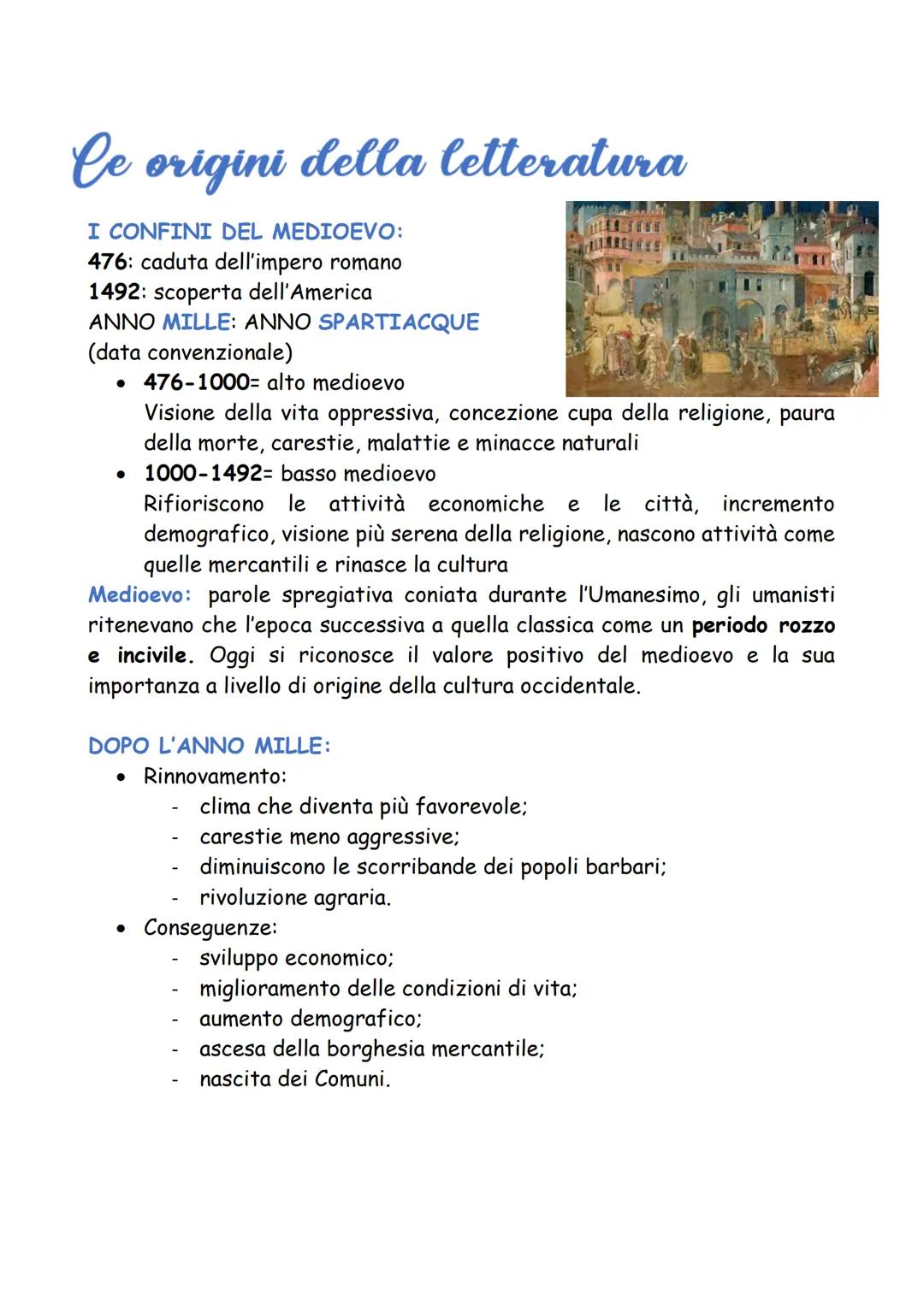 le origini della letteratura
I CONFINI DEL MEDIOEVO:
476: caduta dell'impero romano
1492: scoperta dell'America
ANNO MILLE: ANNO SPARTIACQUE