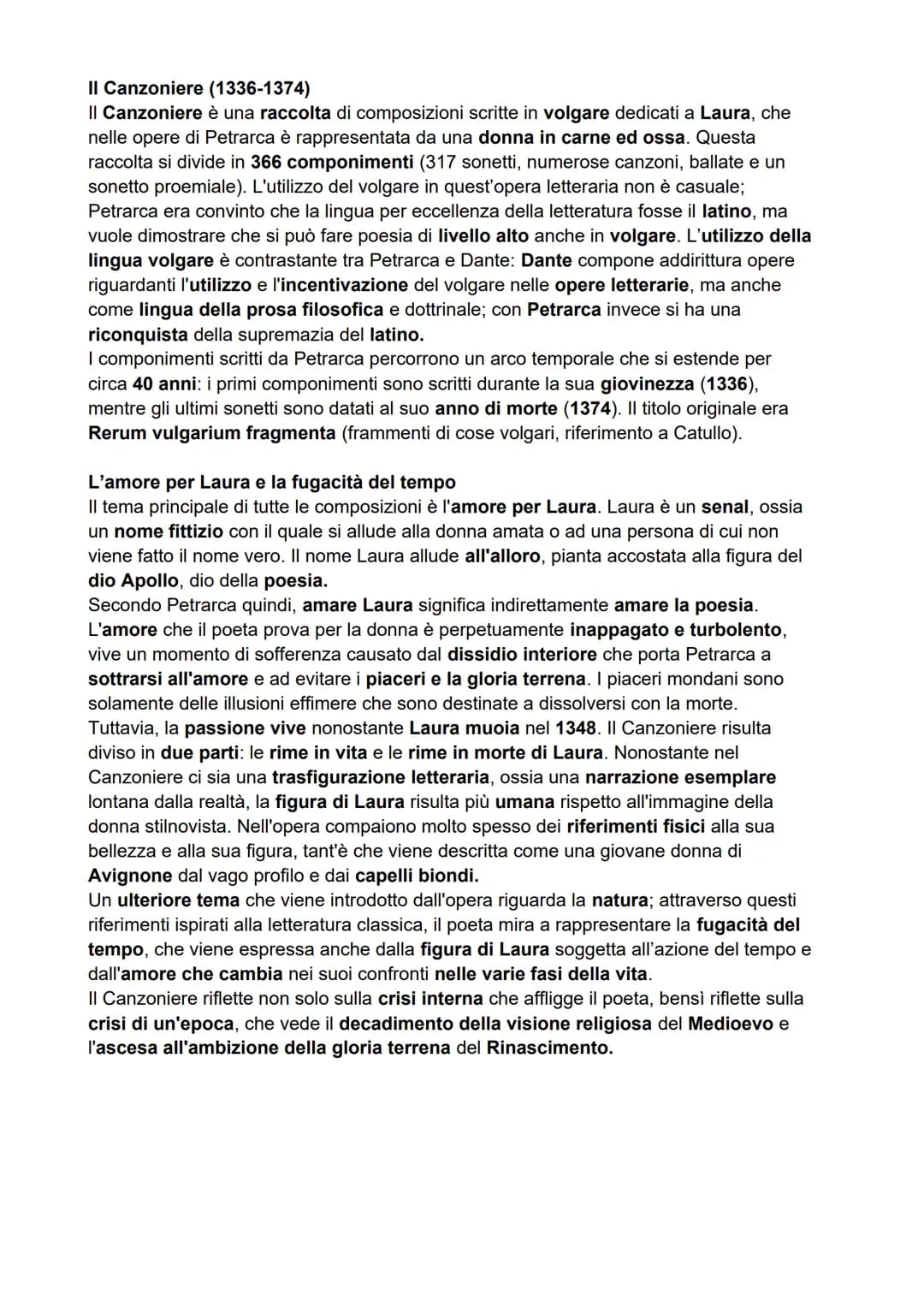 Il Canzoniere (1336-1374)
Il Canzoniere è una raccolta di composizioni scritte in volgare dedicati a Laura, che
nelle opere di Petrarca è ra