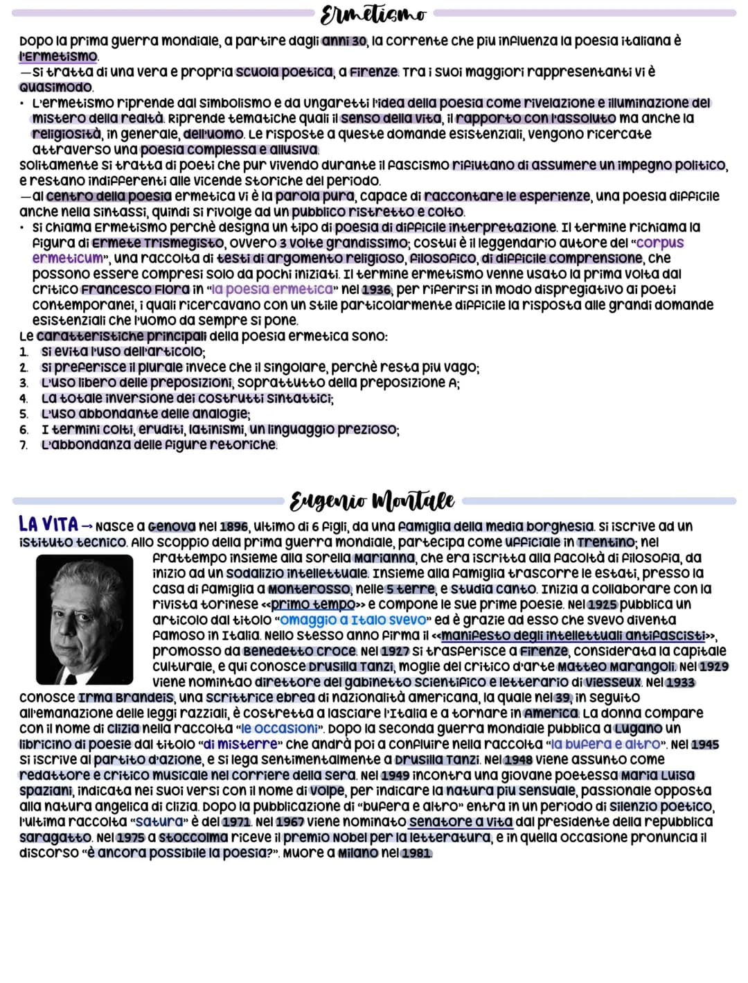 Ermetismo
Dopo la prima guerra mondiale, a partire dagli anni 30, la corrente che più influenza la poesia italiana è
P'Ermetismo.
-Si tratta