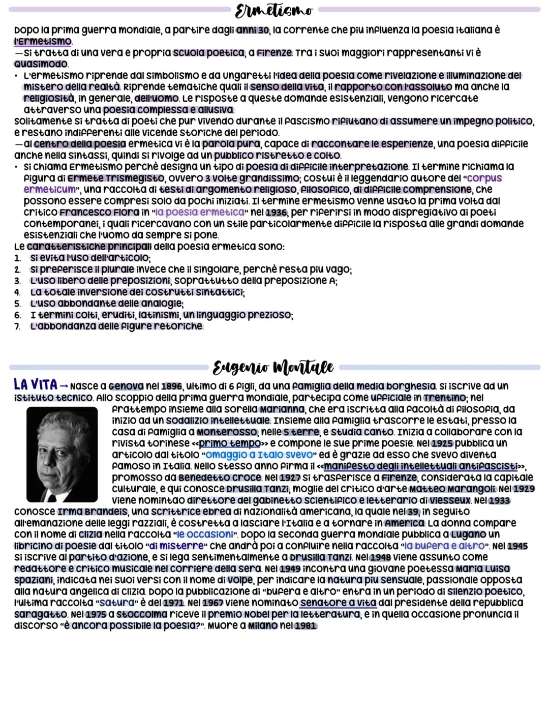 Ermetismo
Dopo la prima guerra mondiale, a partire dagli anni 30, la corrente che più influenza la poesia italiana è
P'Ermetismo.
-Si tratta