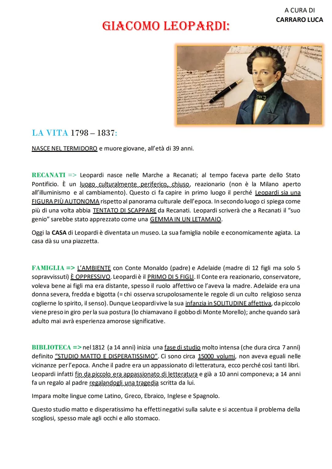 
<h2 id="lavitadigiacomoleopardi">La Vita di Giacomo Leopardi</h2>
<p>Giacomo Leopardi nasce nel Termidoro e muore giovane, all'età di 39 an