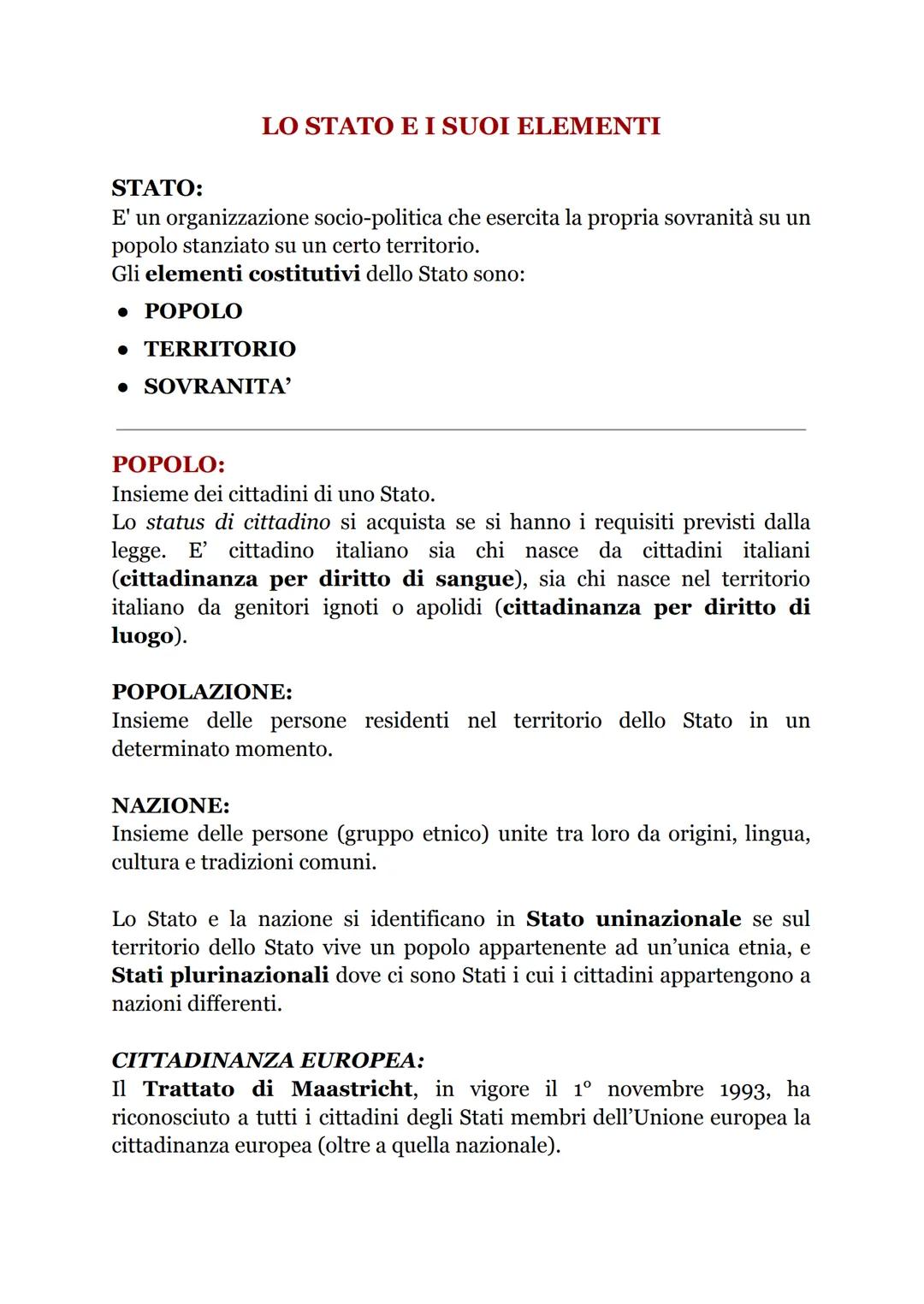 LO STATO E I SUOI ELEMENTI
STATO:
E' un organizzazione socio-politica che esercita la propria sovranità su un
popolo stanziato su un certo t