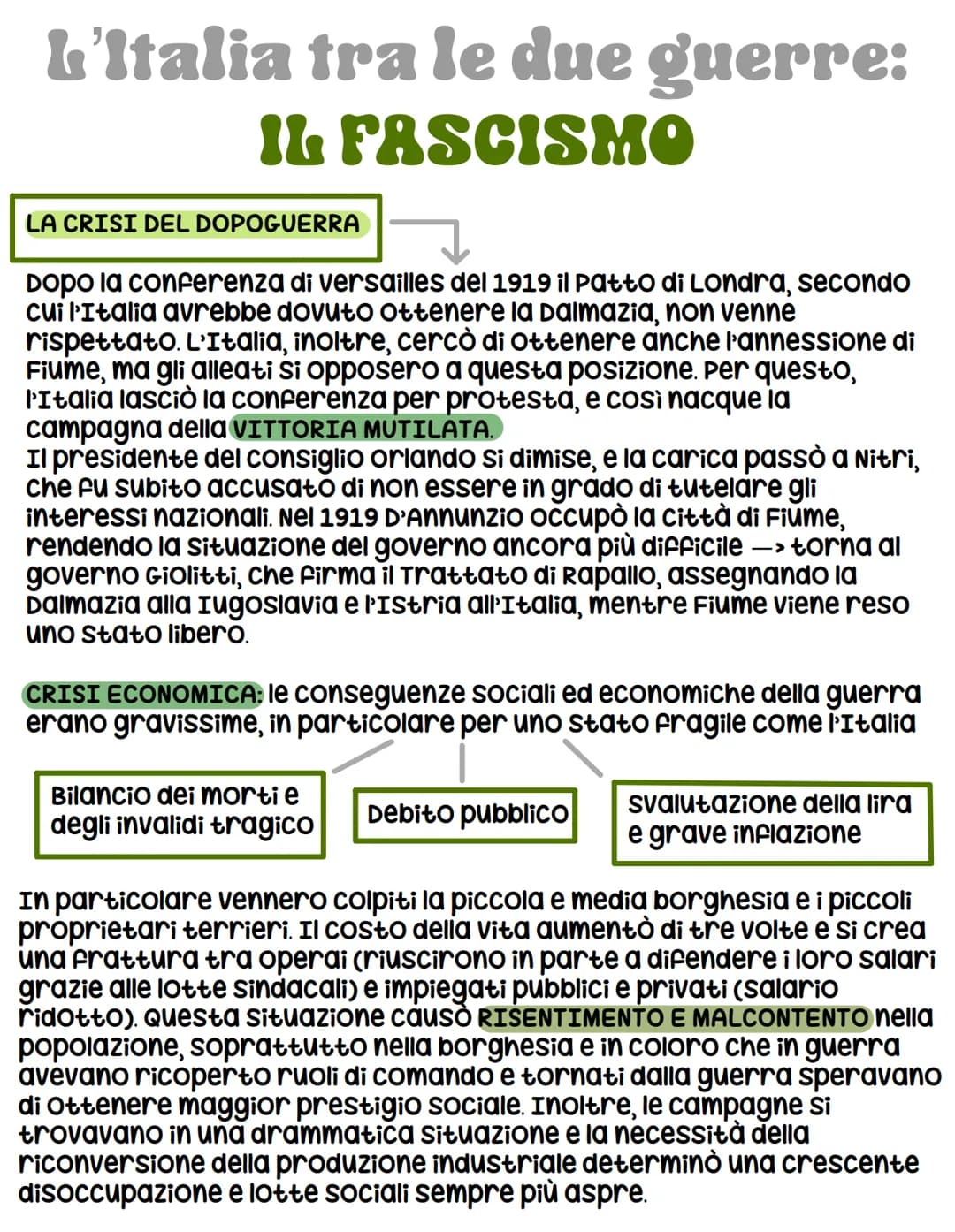 L'Italia tra le due guerre:
IL FASCISMO
→
Dopo la conferenza di versailles del 1919 il Patto di Londra, secondo
cui l'Italia avrebbe dovuto 