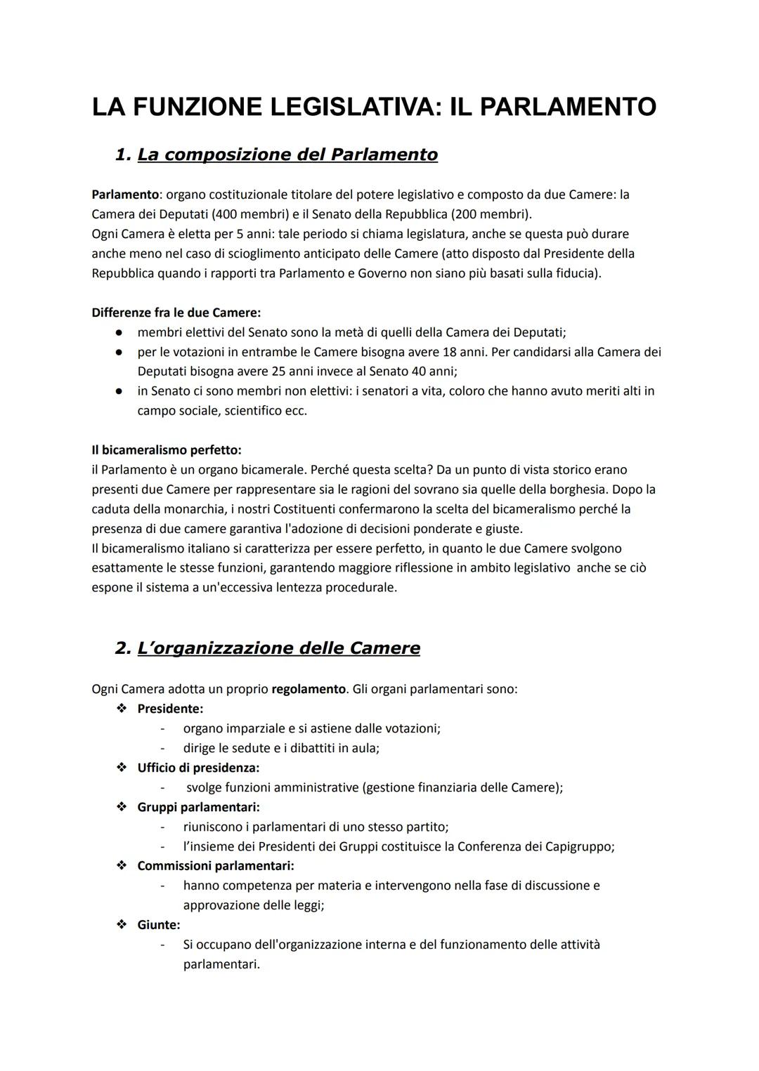 # LA FUNZIONE LEGISLATIVA: IL PARLAMENTO

1. La composizione del Parlamento

Parlamento: organo costituzionale titolare del potere legislati