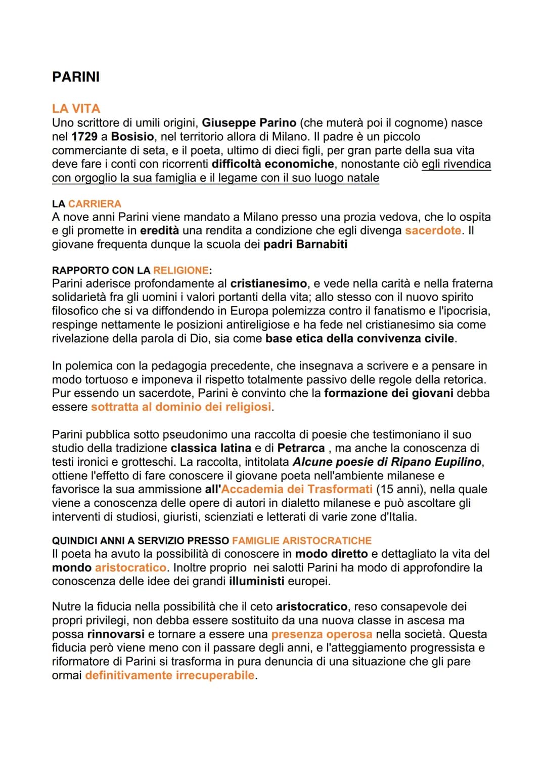 PARINI
LA VITA
Uno scrittore di umili origini, Giuseppe Parino (che muterà poi il cognome) nasce
nel 1729 a Bosisio, nel territorio allora d