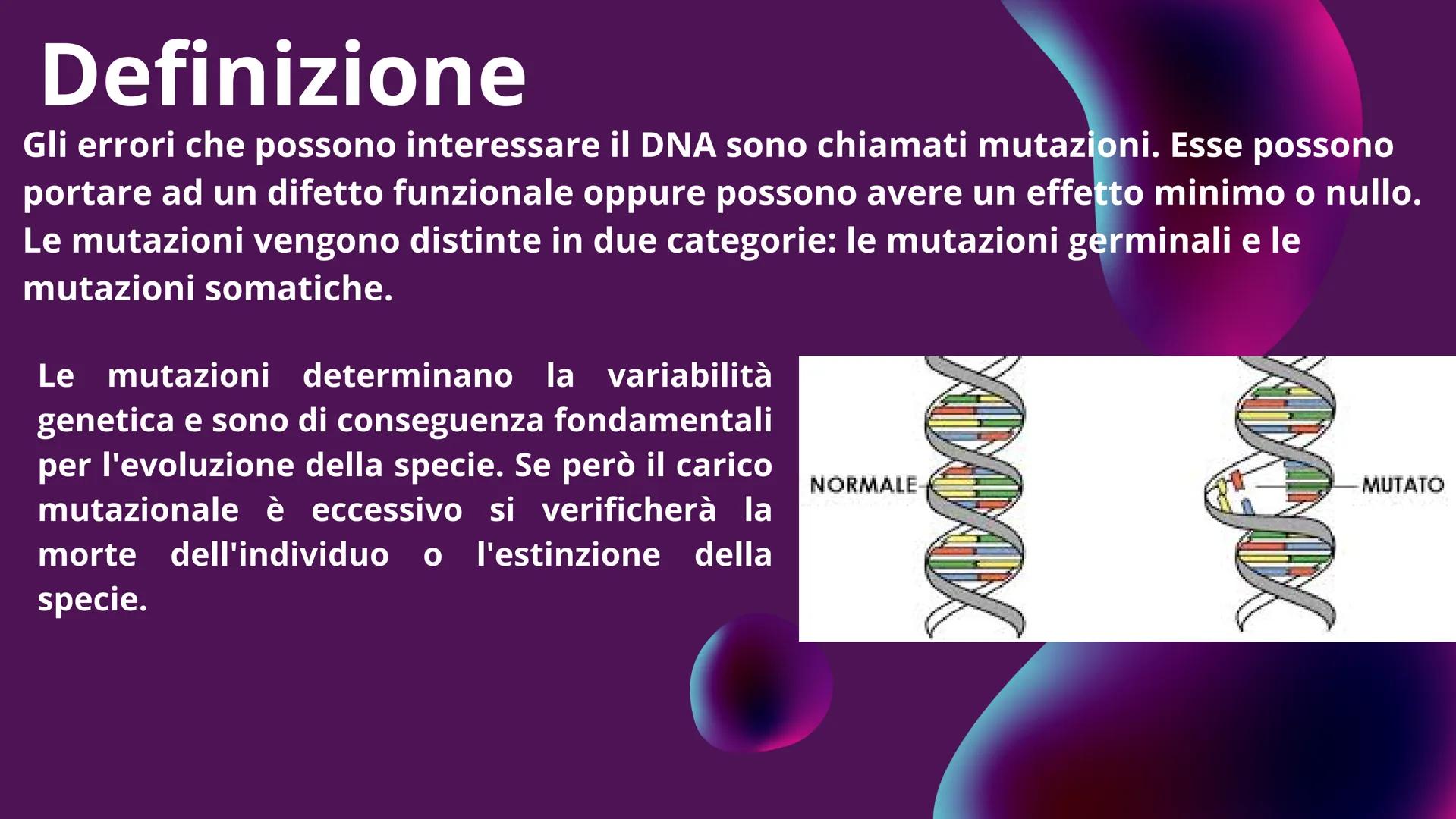 LE MUTAZIONI Definizione
Gli errori che possono interessare il DNA sono chiamati mutazioni. Esse possono
portare ad un difetto funzionale op