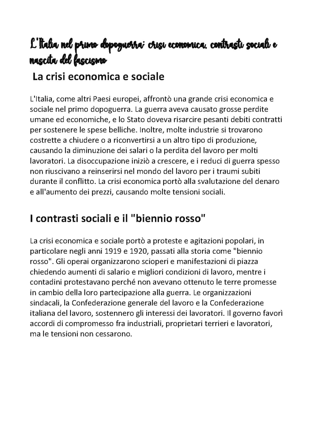 L'Italia nel primo dopoguerra: crisi economica, contrasti sociali e nascita del fascismo
