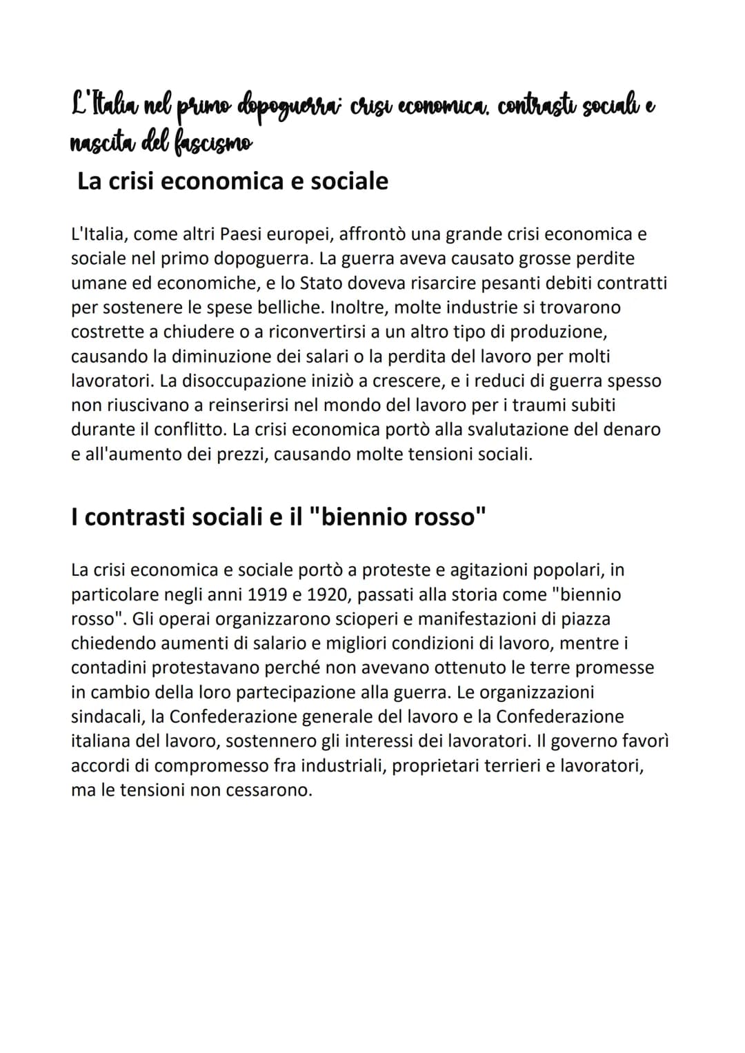 L'Italia nel primo dopoguerra crisi economica, contrasti sociali e
nascita del fascismo
La crisi economica e sociale
L'Italia, come altri Pa