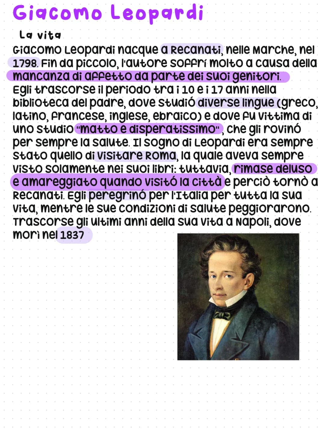 Giacomo Leopardi
La vita
Giacomo Leopardi nacque a Recanati, nelle Marche, nel
1798. Fin da piccolo, l'autore soffri molto a causa della
man