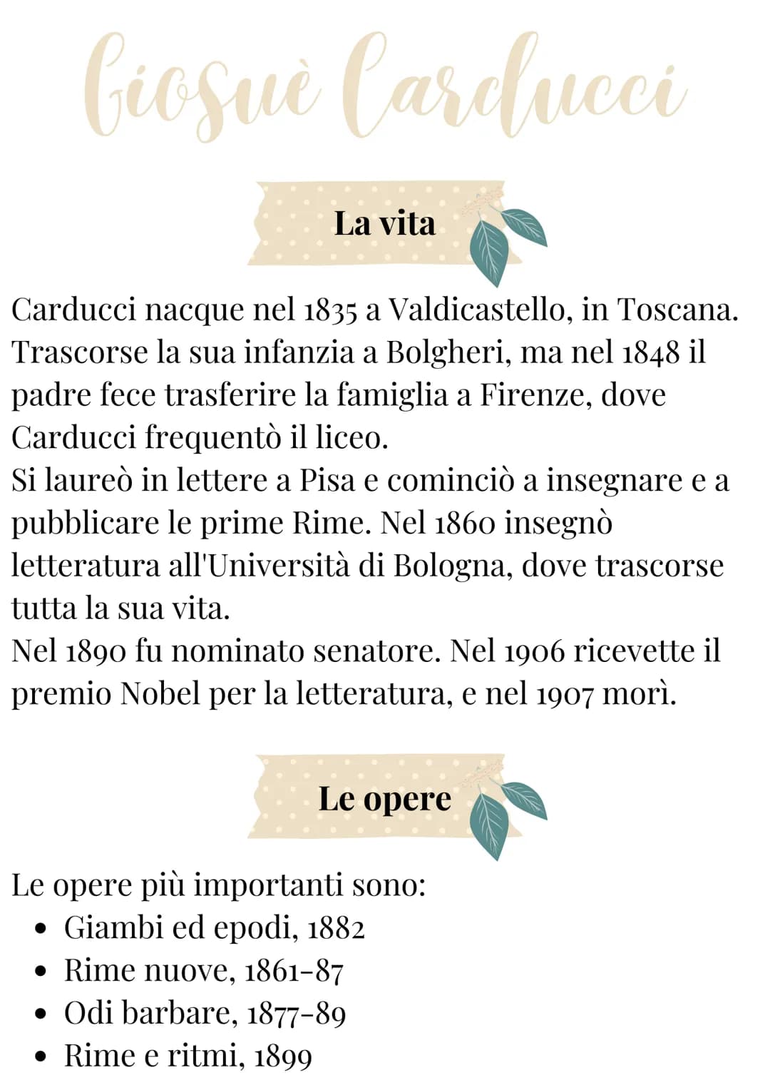 Giosuè Carducci
La vita
Carducci nacque nel 1835 a Valdicastello, in Toscana.
Trascorse la sua infanzia a Bolgheri, ma nel 1848 il
padre fec