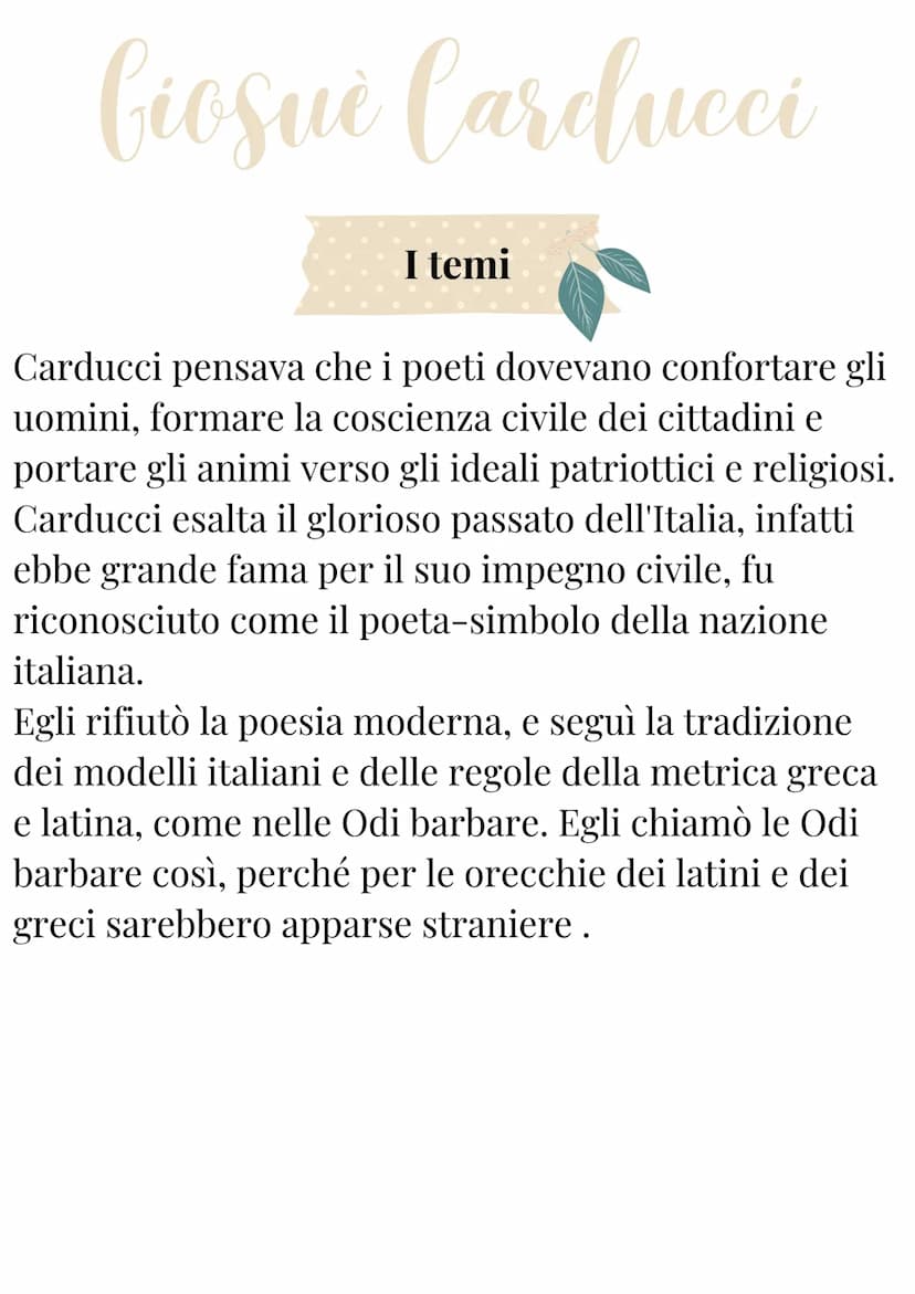 Giosuè Carducci
La vita
Carducci nacque nel 1835 a Valdicastello, in Toscana.
Trascorse la sua infanzia a Bolgheri, ma nel 1848 il
padre fec