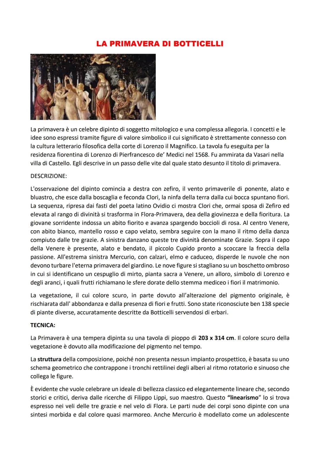 LA PRIMAVERA DI BOTTICELLI
La primavera è un celebre dipinto di soggetto mitologico e una complessa allegoria. I concetti e le
idee sono esp