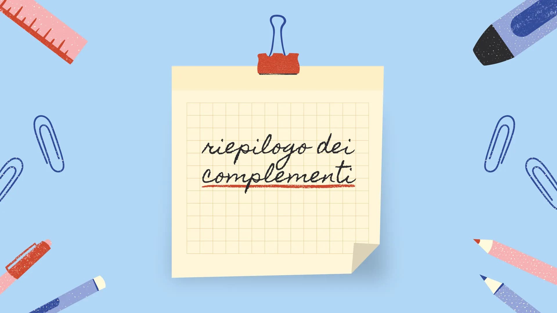 
<p>In questo riepilogo vengono trattati tutti i complementi, ovvero i complementi di agente e efficiente, di causa e di fine, di abbondanza
