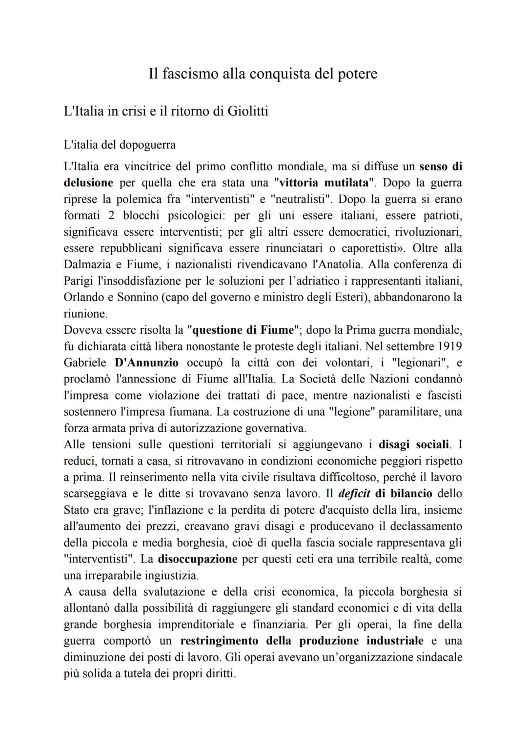 Il fascismo alla conquista del potere
L'Italia in crisi e il ritorno di Giolitti
L'italia del dopoguerra
L'Italia era vincitrice del primo c