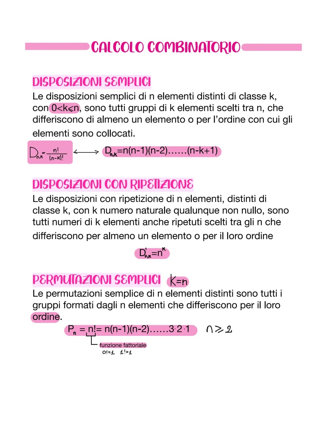 DISPOSIZIONI SEMPLICI
Le disposizioni semplici di n elementi distinti di classe k,
con 0<k<n, sono tutti gruppi di k elementi scelti tra n, 