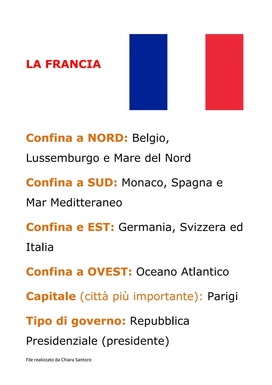 LA FRANCIA
Confina a NORD: Belgio,
Lussemburgo e Mare del Nord
Confina a SUD: Monaco, Spagna e
Mar Meditteraneo
Confina e EST: Germania, Svi