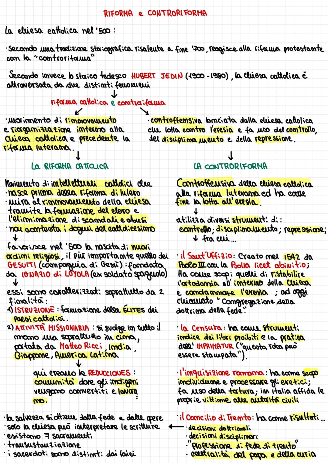 
<p>La Chiesa cattolica nel '500 reagisce alla riforma protestante con la "controriforma", ma secondo lo storico tedesco HUBERT JEDIN (1900-