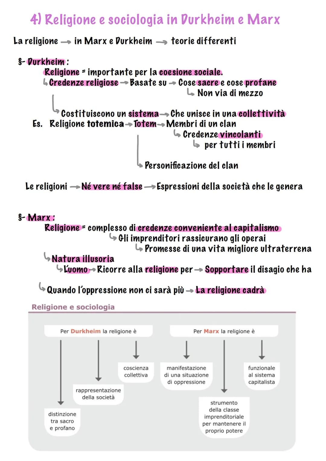 4) Religione e sociologia in Durkheim e Marx
La religione →in Marx e Durkheim teorie differenti
§- Durkheim:
Religione importante per la coe