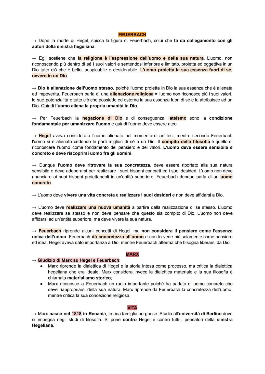 FEUERBACH
Dopo la morte di Hegel, spicca la figura di Feuerbach, colui che fa da collegamento con gli
autori della sinistra hegeliana.
Egli 
