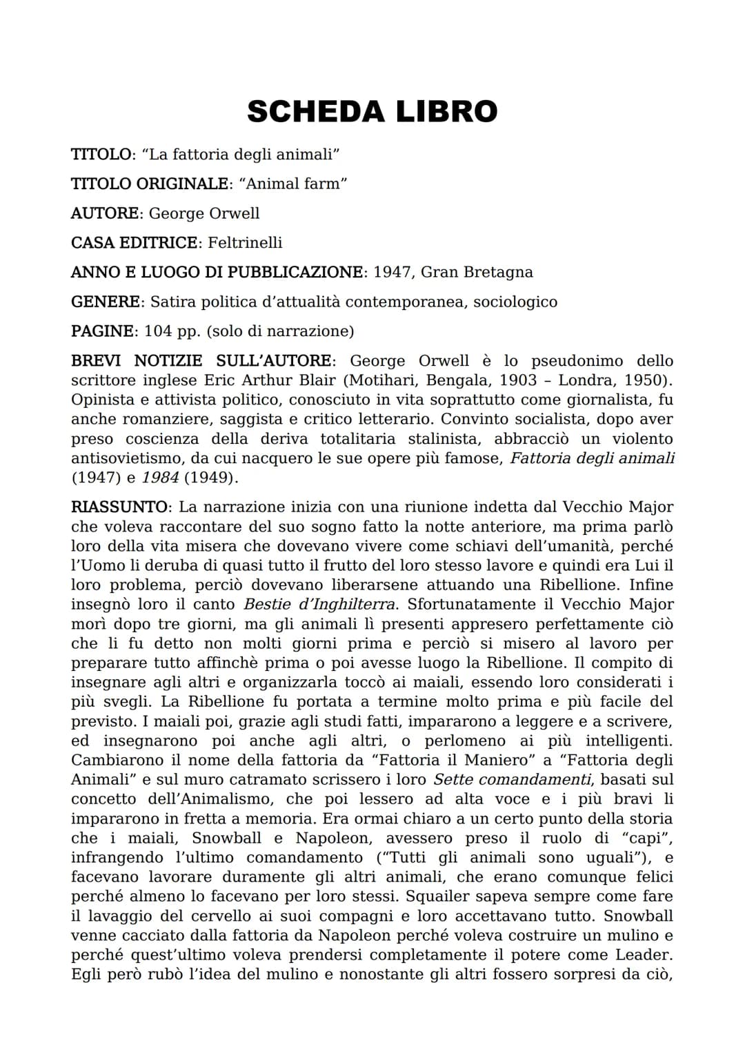 SCHEDA LIBRO
TITOLO: "La fattoria degli animali"
TITOLO ORIGINALE: "Animal farm"
AUTORE: George Orwell
CASA EDITRICE: Feltrinelli
ANNO E LUO