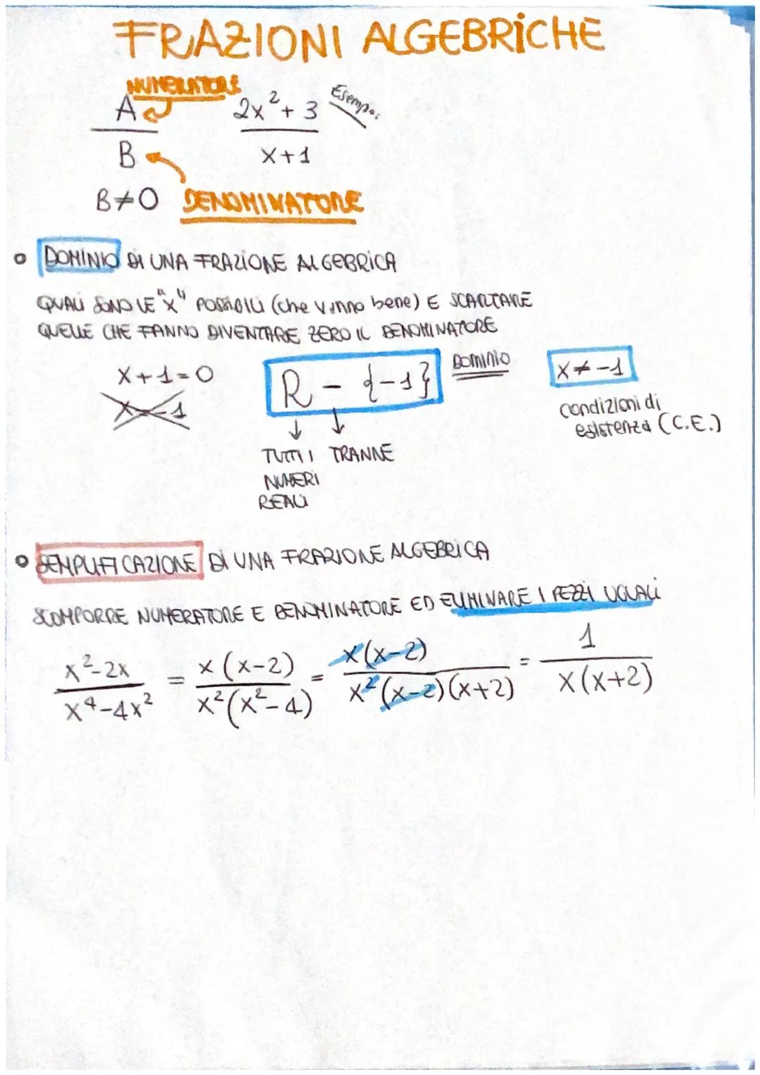 # FRAZIONI ALGEBRİCHE

NUNERATORE

$A$ $2x² + 3$ Esempo:

$B$ $X+1$

$B≠0$ DENOMINATORE

*   DOMINIO DI UNA FRAZIONE ALGEBRICA

QUALI SONO L