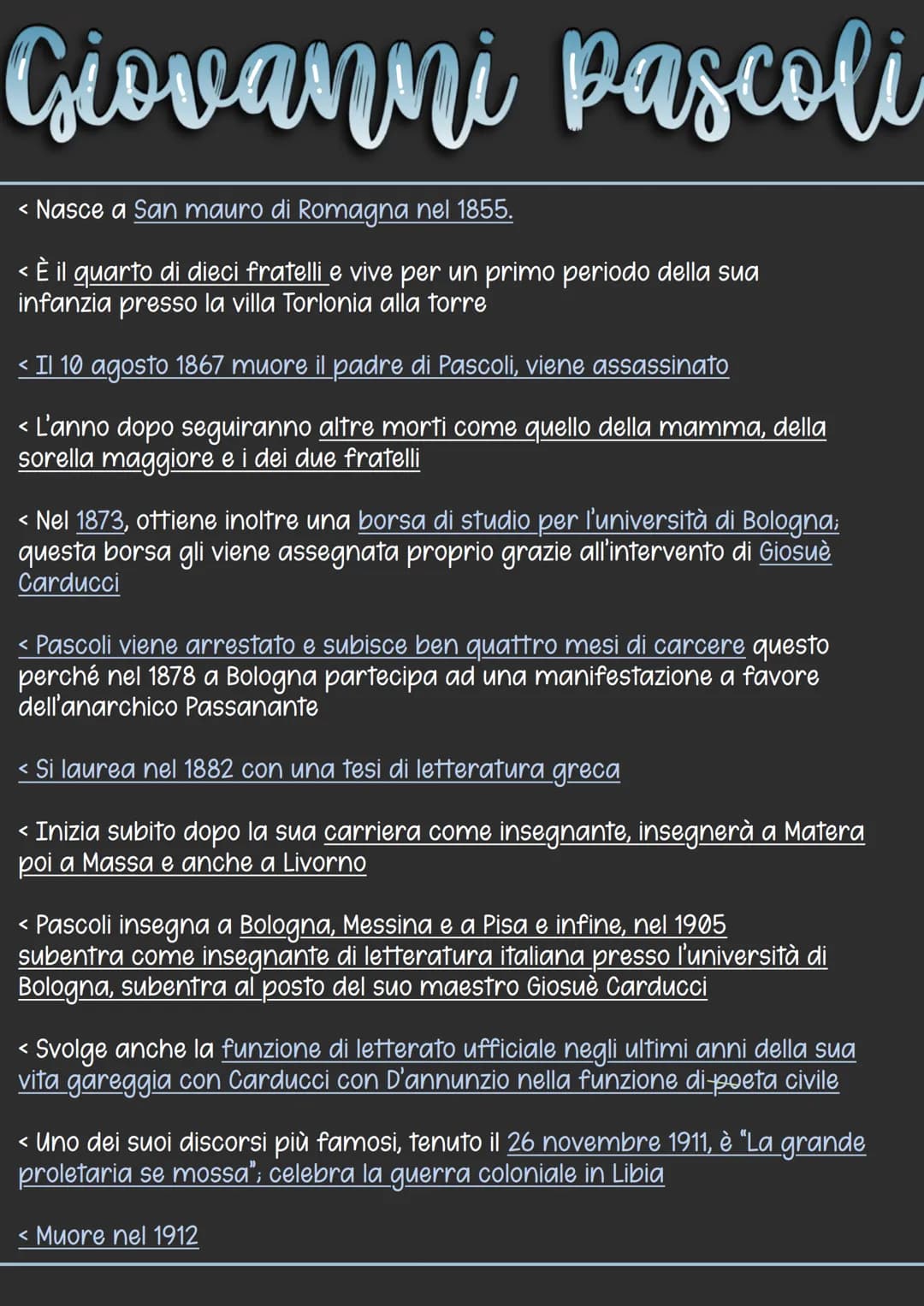 Giovanni Pascoli
< Nasce a San mauro di Romagna nel 1855.
< È il quarto di dieci fratelli e vive per un primo periodo della sua
infanzia pre