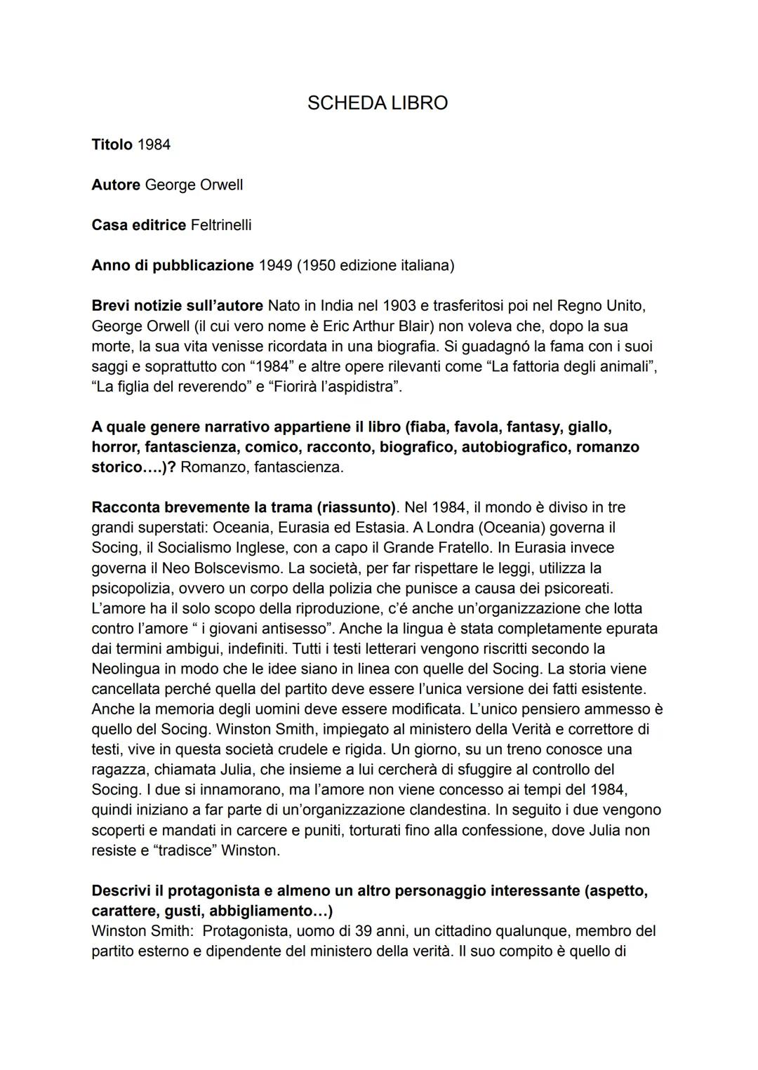 Titolo 1984
Autore George Orwell
Casa editrice Feltrinelli
SCHEDA LIBRO
Anno di pubblicazione 1949 (1950 edizione italiana)
Brevi notizie su