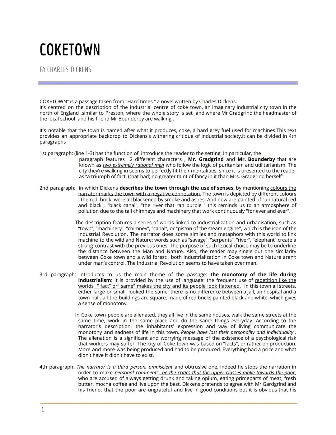 COKETOWN
BY CHARLES DICKENS
COKETOWN" is a passage taken from "Hard times " a novel written by Charles Dickens.
It's centred on the descript