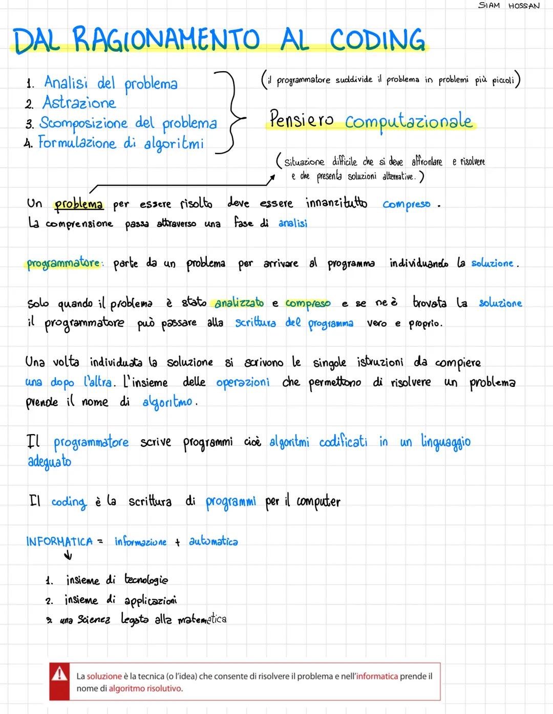 # DAL RAGIONAMENTO AL CODING

SIAM HOSSAN

1. Analisi del problema
2. Astrazione
3. Scomposizione del problema
4. Formulazione di algoritmi
