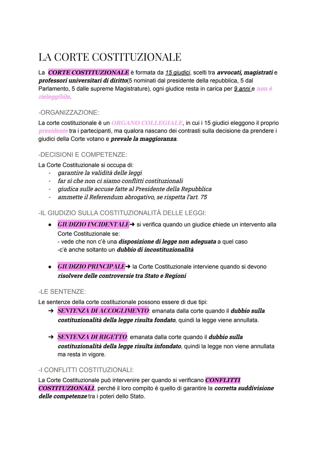 LA CORTE COSTITUZIONALE
La CORTE COSTITUZIONALE è formata da 15 giudici, scelti tra avvocati, magistrati e
professori universitari di diritt