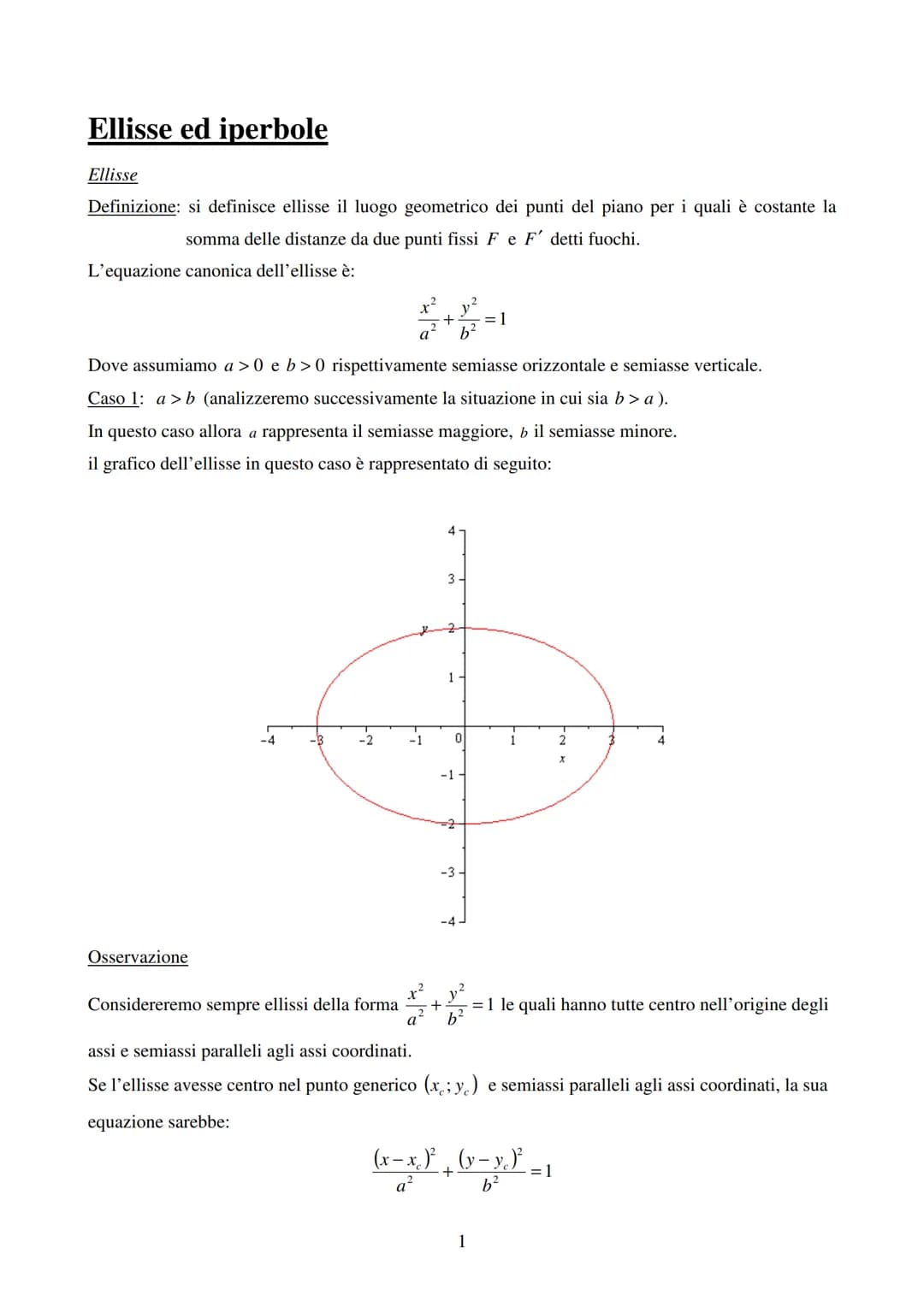 Ellisse ed iperbole
Ellisse
Definizione: si definisce ellisse il luogo geometrico dei punti del piano per i quali è costante la
somma delle 