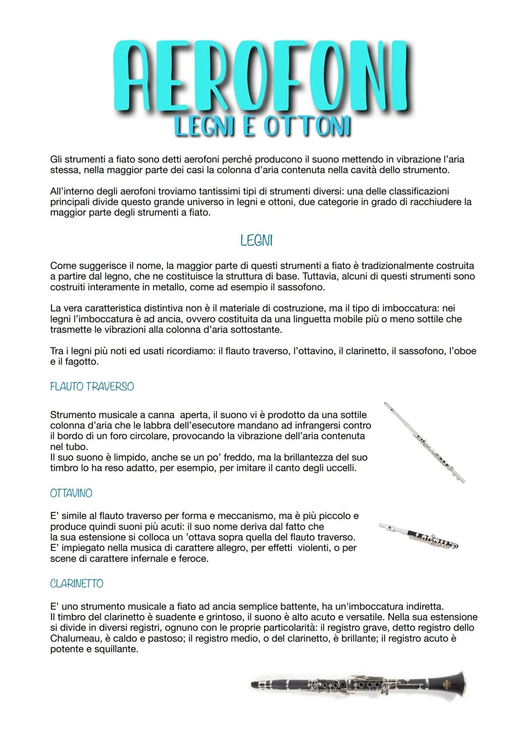 AEROFONI
LEGNI E OTTONI
Gli strumenti a fiato sono detti aerofoni perché producono il suono mettendo in vibrazione l'aria
stessa, nella magg