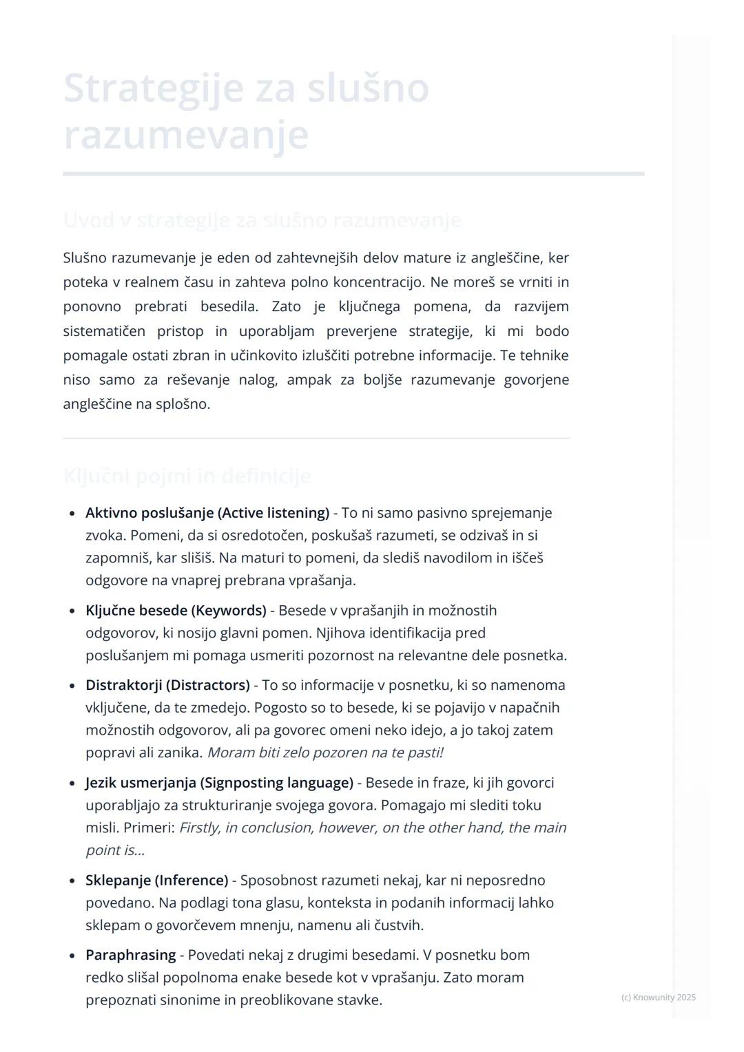 # Strategije za slušno
razumevanje

Uvod v strategije za slušno razumevanje

Slušno razumevanje je eden od zahtevnejših delov mature iz angl