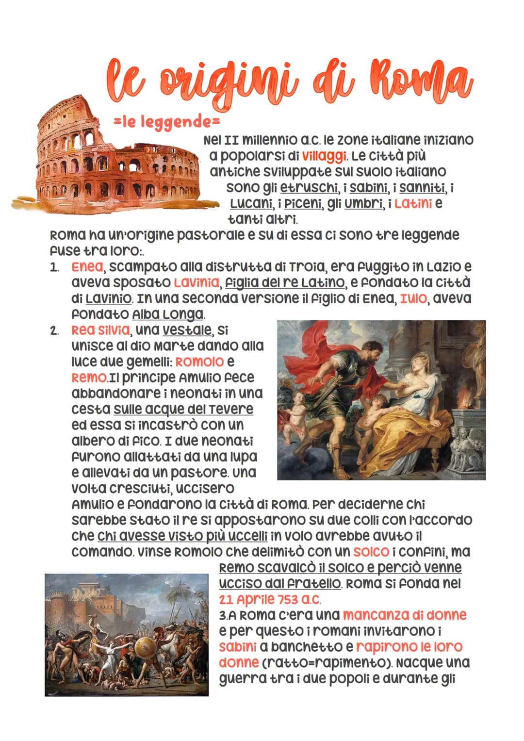 le origini di Roma
=le leggende=
Nel II millennio a.c. le zone italiane iniziano
a popolarsi di villaggi. Le città più
antiche sviluppate su