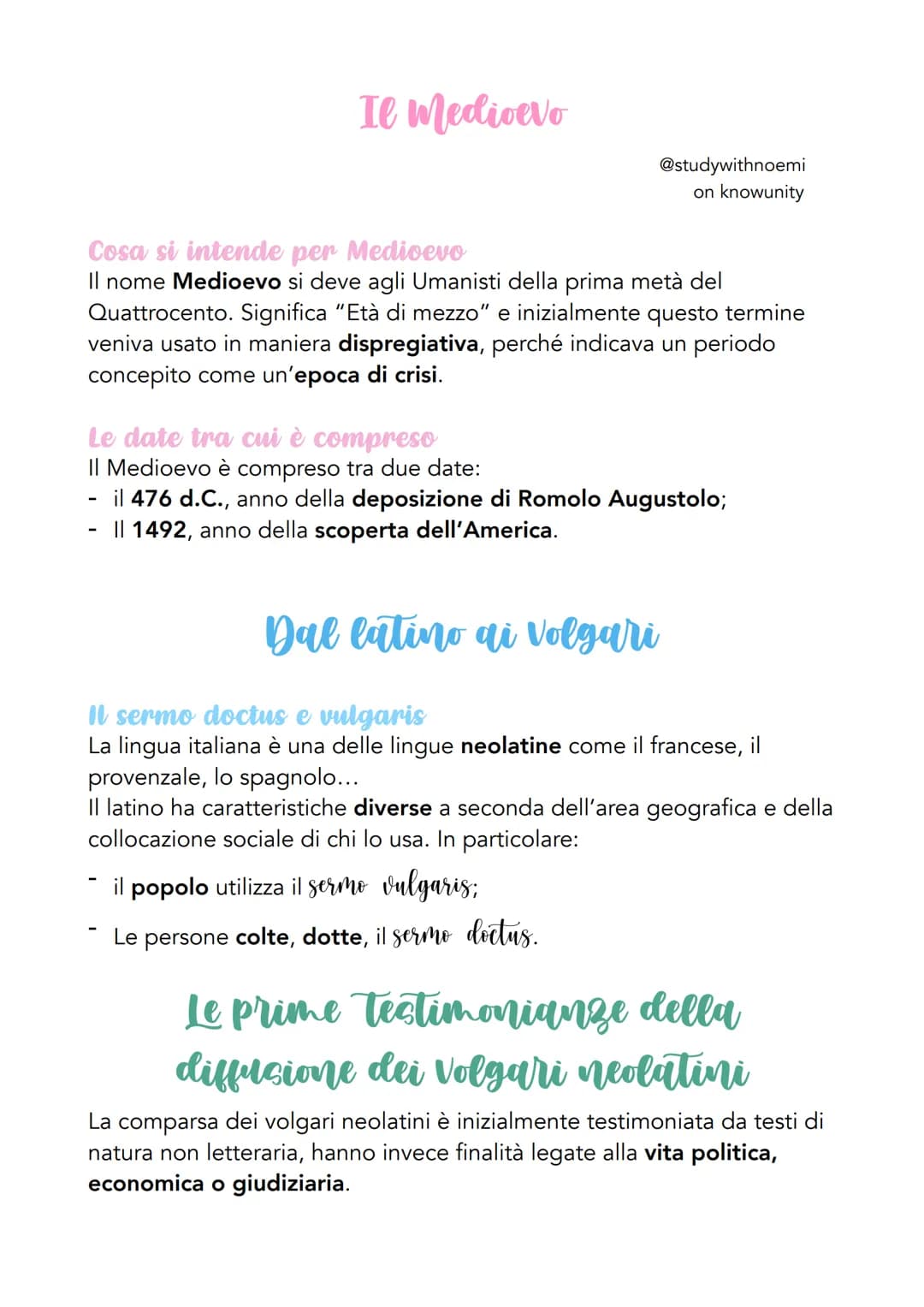 Il Medioevo
@studywithnoemi
on knowunity
Cosa si intende per Medioevo
Il nome Medioevo si deve agli Umanisti della prima metà del
Quattrocen