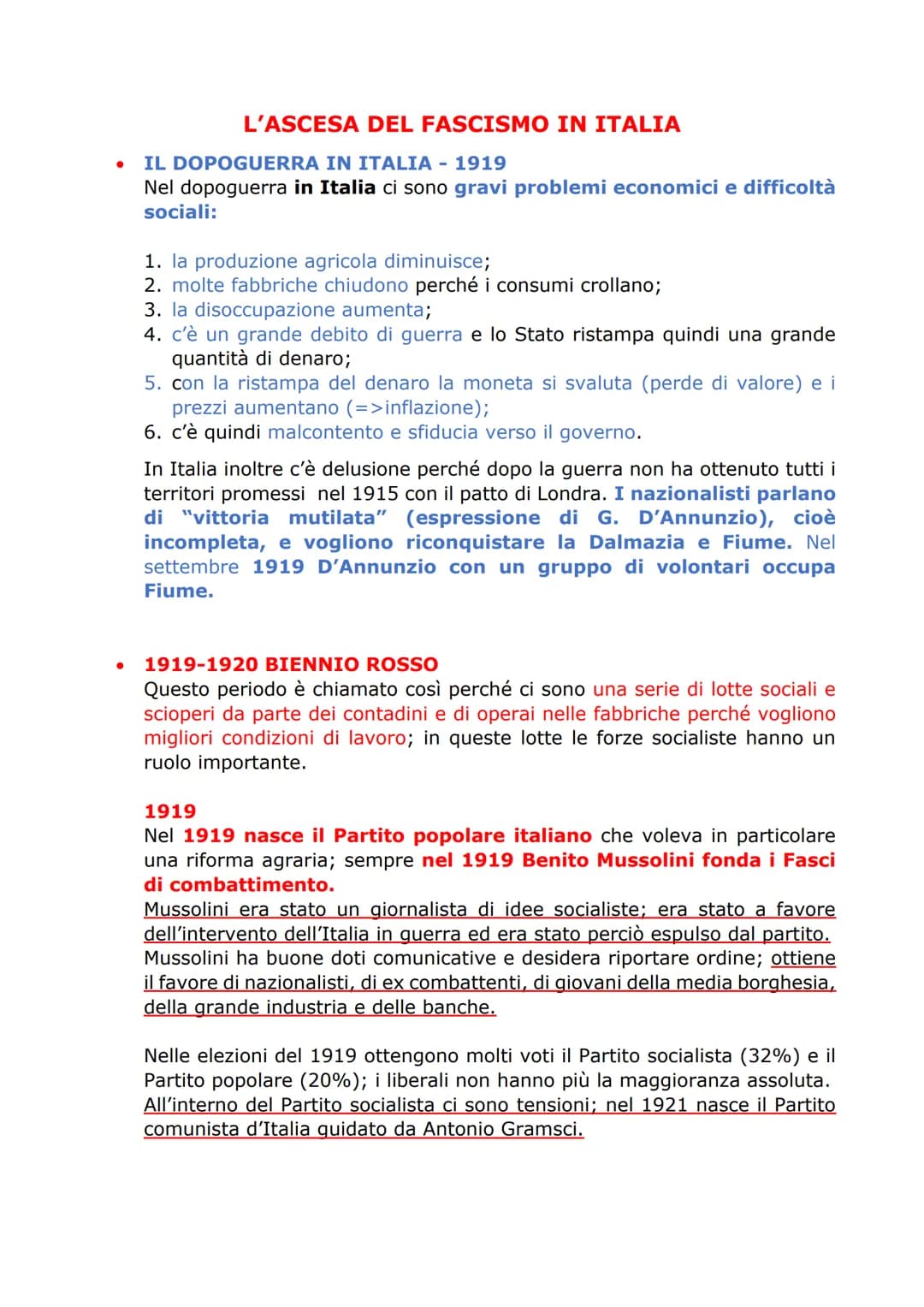●
L'ASCESA DEL FASCISMO IN ITALIA
IL DOPOGUERRA IN ITALIA - 1919
Nel dopoguerra in Italia ci sono gravi problemi economici e difficoltà
soci