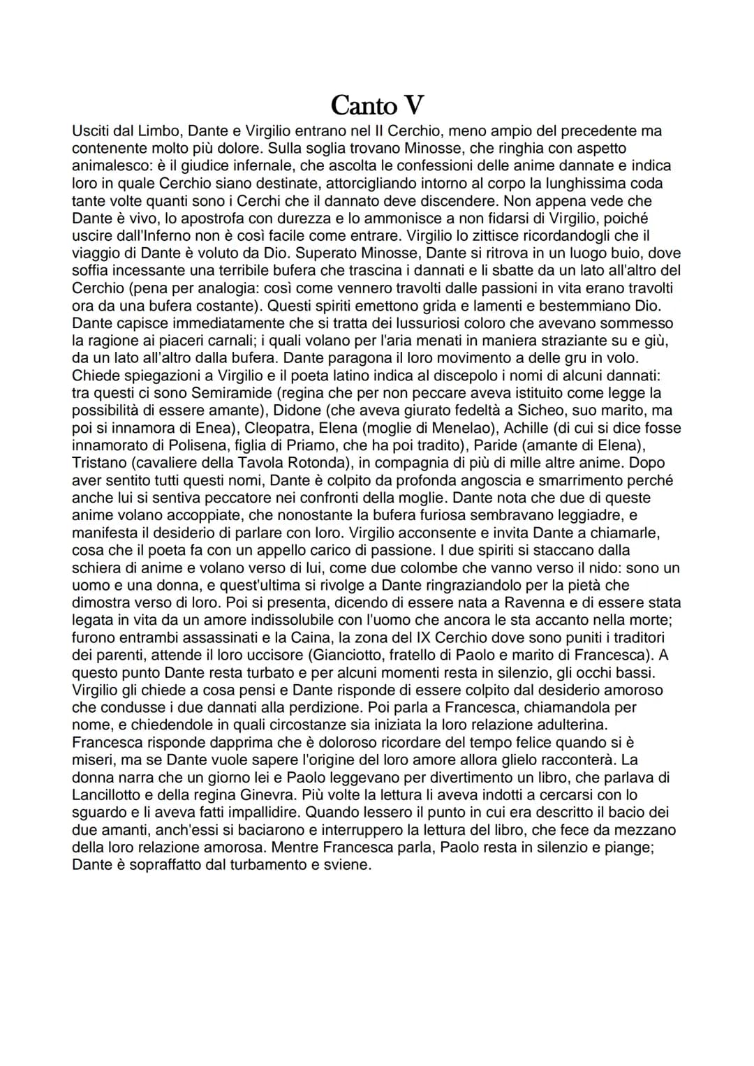 Canto V
Usciti dal Limbo, Dante e Virgilio entrano nel II Cerchio, meno ampio del precedente ma
contenente molto più dolore. Sulla soglia tr