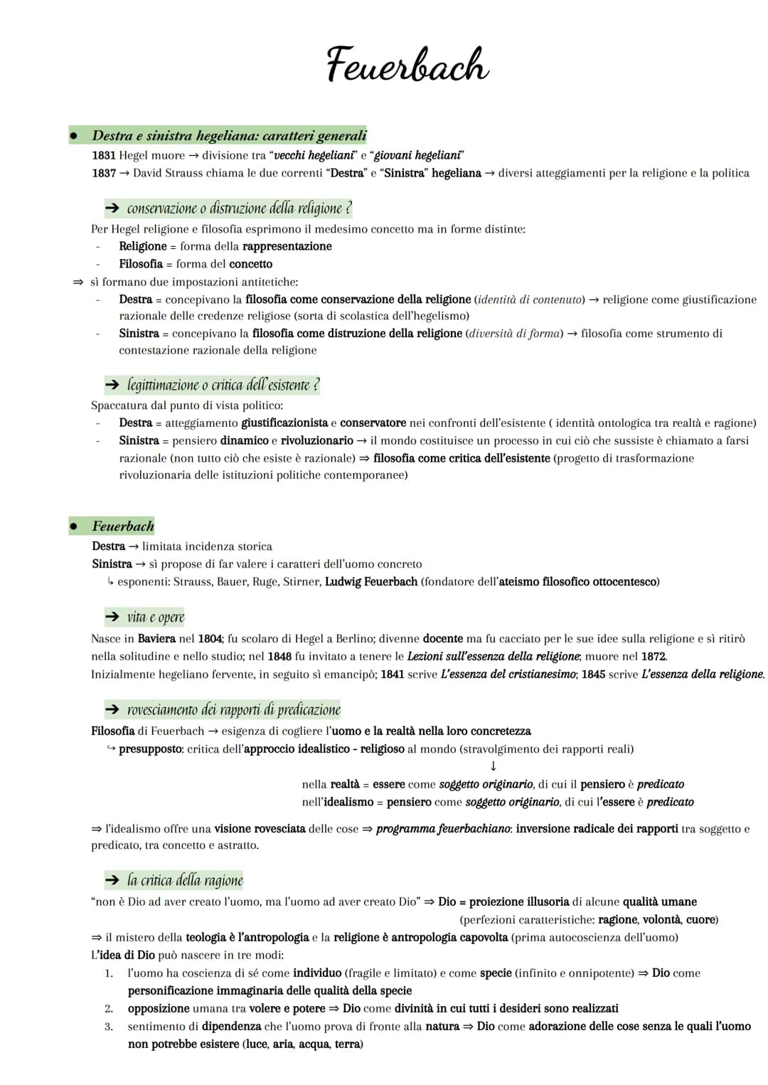 Feuerbach
● Destra e sinistra hegeliana: caratteri generali
1831 Hegel muore → divisione tra "vecchi hegeliani" e "giovani hegeliani"
1837 →
