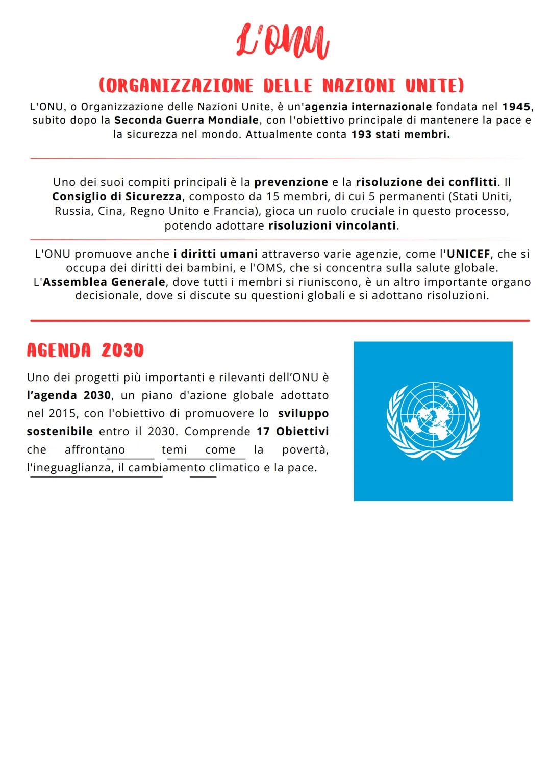 L'Onu
(ORGANIZZAZIONE DELLE NAZIONI UNITE)
L'ONU, o Organizzazione delle Nazioni Unite, è un'agenzia internazionale fondata nel 1945,
subito