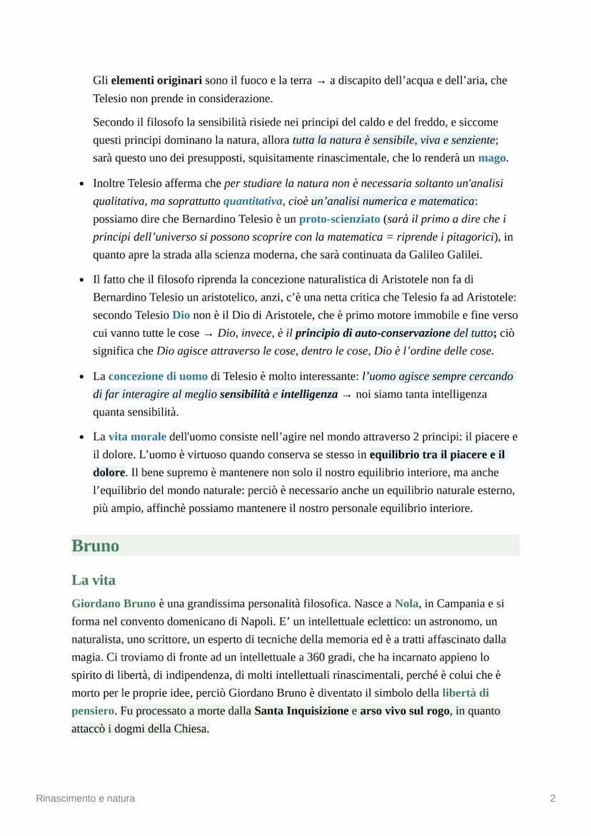 Rinascimento e natura
Telesio
Bernardino Telesio nasce a Cosenza nel 1509 e muore nella stessa città nel 1588. Egli si
forma all'Università 