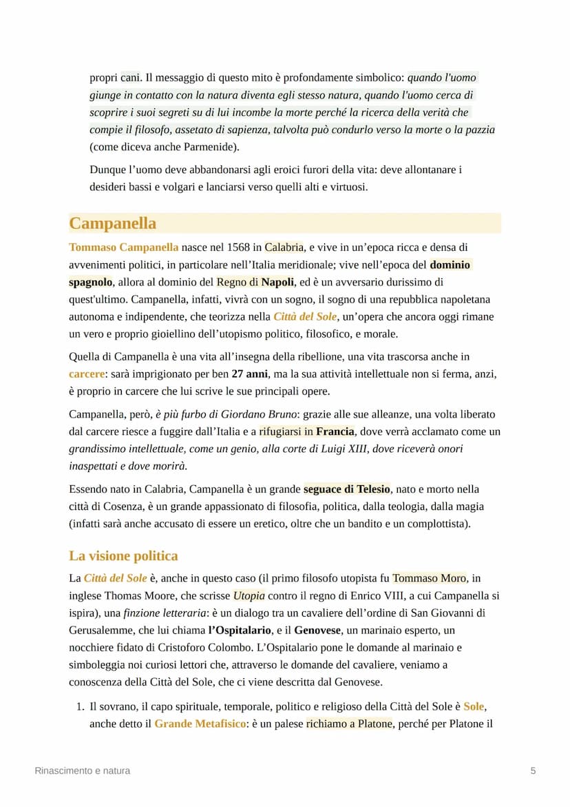 Rinascimento e natura
Telesio
Bernardino Telesio nasce a Cosenza nel 1509 e muore nella stessa città nel 1588. Egli si
forma all'Università 