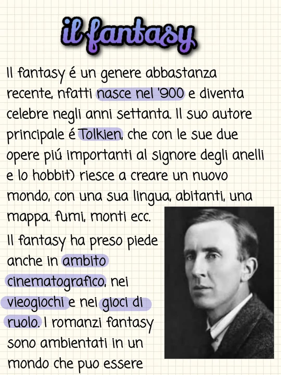 il fantasy
Il fantasy é un genere abbastanza
recente, nfatti nasce nel '900 e diventa
celebre negli anni settanta. Il suo autore
principale 