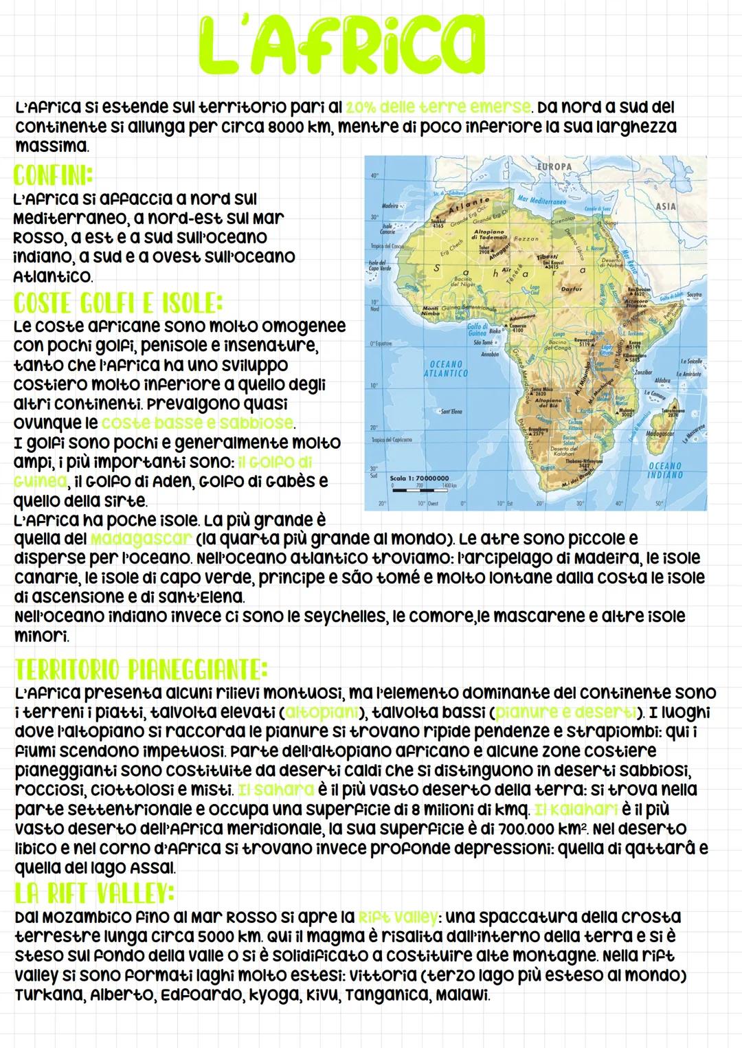 L'Africa
L'Africa si estende sul territorio pari al 20% delle terre emerse. Da nord a sud del
continente si allunga per circa 8000 km, mentr