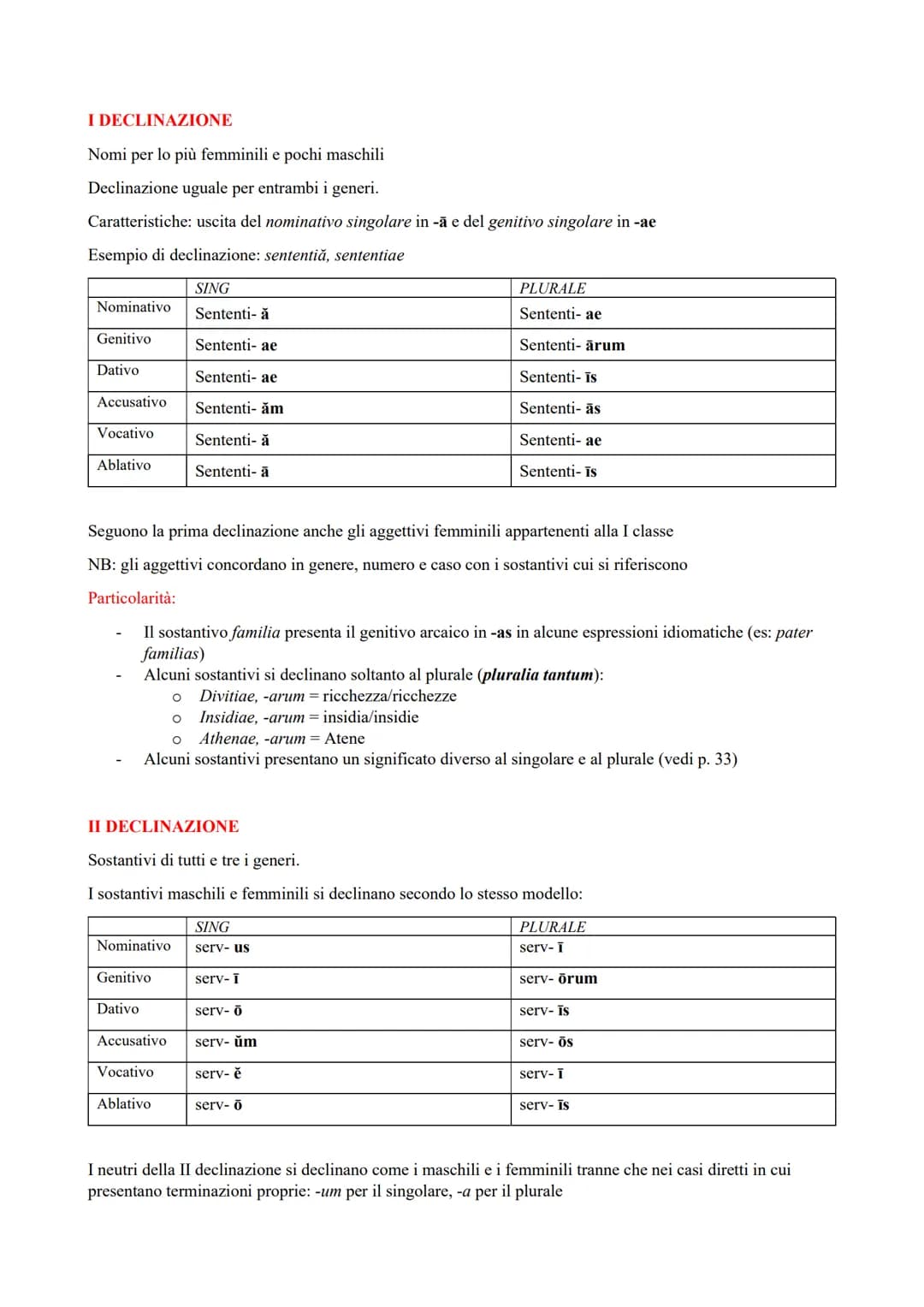 I DECLINAZIONE
Nomi per lo più femminili e pochi maschili
Declinazione uguale per entrambi i generi.
Caratteristiche: uscita del nominativo 